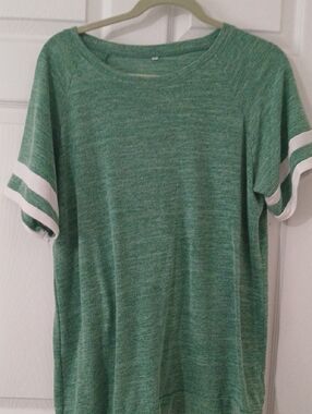 Women’s Green Short Sleeve Tee with White Sleeve Stripes